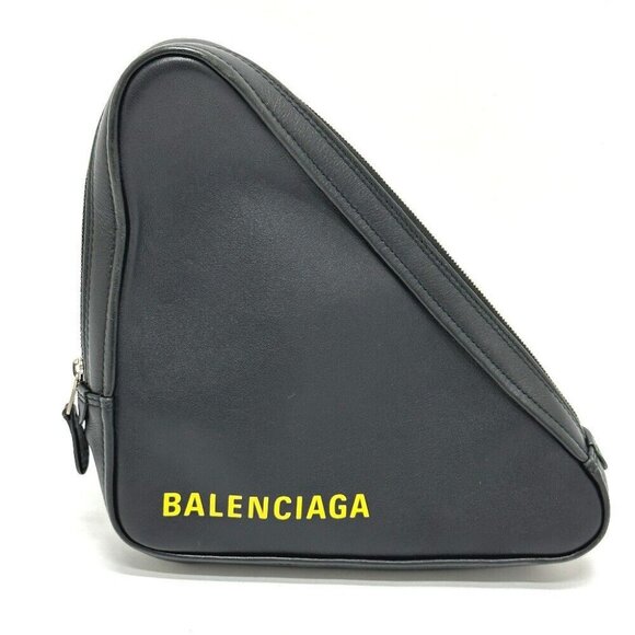 BALENCIAGA Triangle triangle clutch bag bag Pouch Leather Black/yellow - Picture 1 of 12